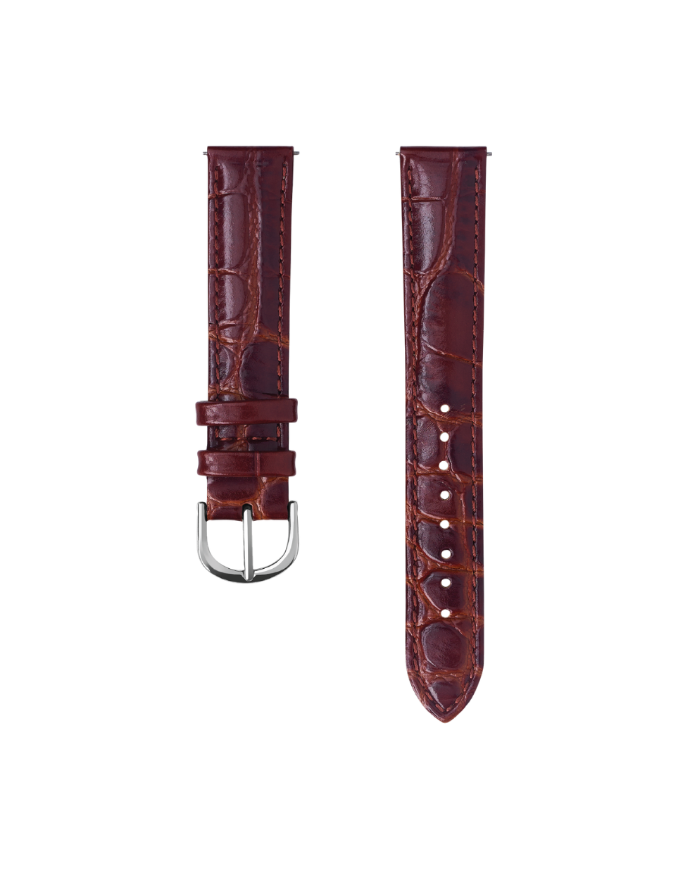 Brown leather watch strap with silver buckle on a white background