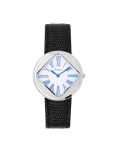 Wristwatch with black strap and blue Roman numeral hour markers on a white background