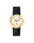 Gold-trimmed watch with black strap on a white background