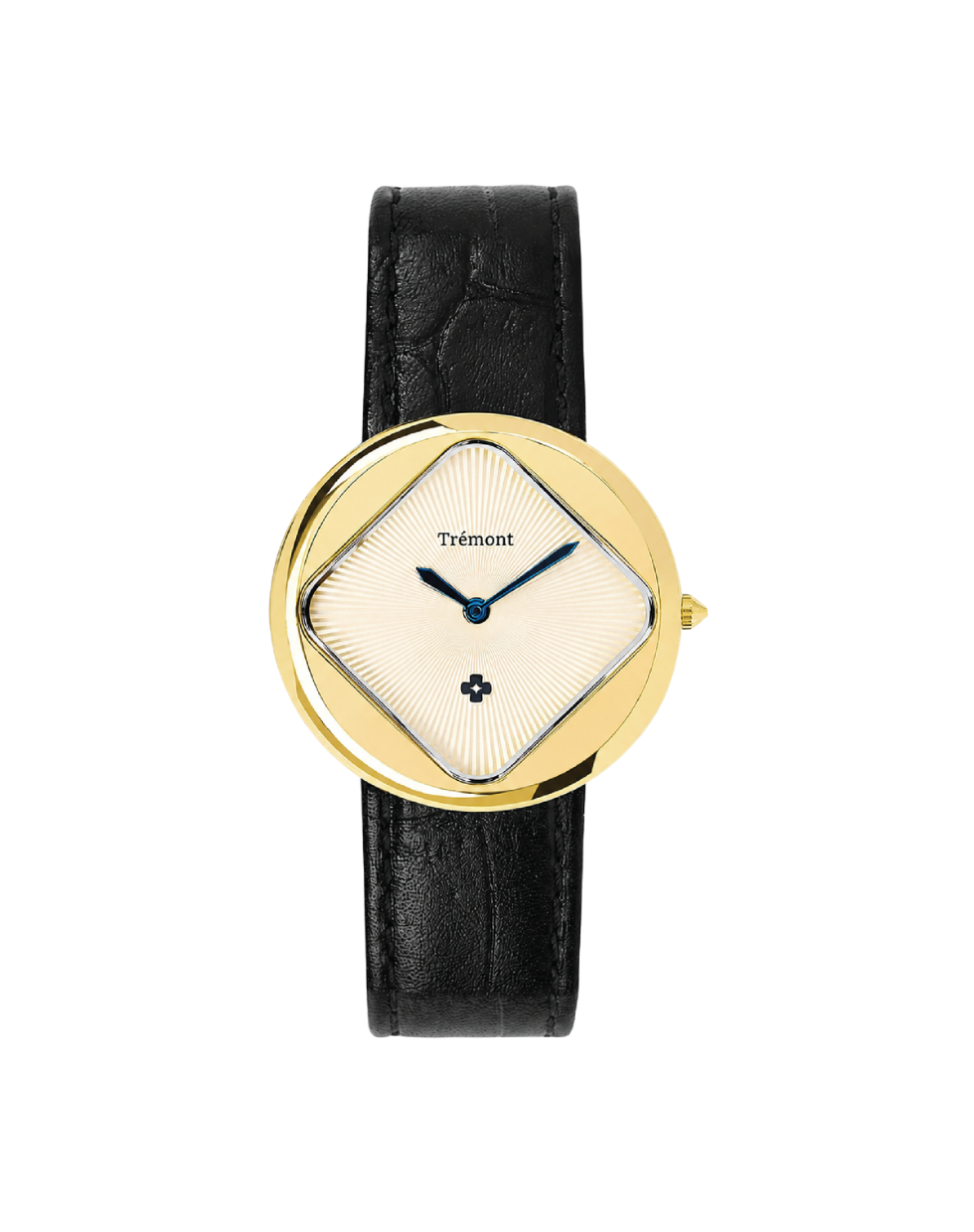 Gold-trimmed watch with black strap on a white background
