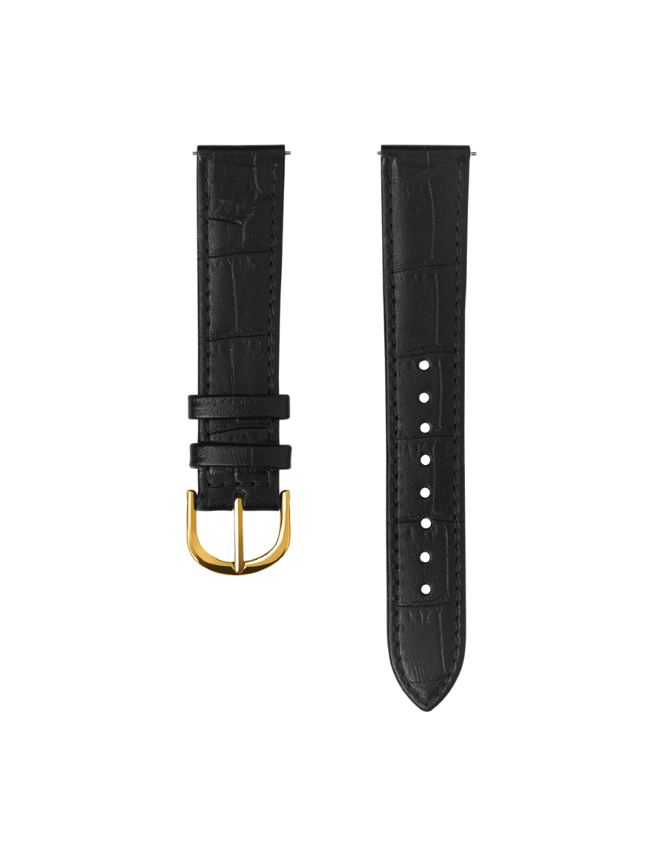Black leather watch strap with gold buckle on a white background