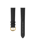 Black watch strap with gold buckle on a white background