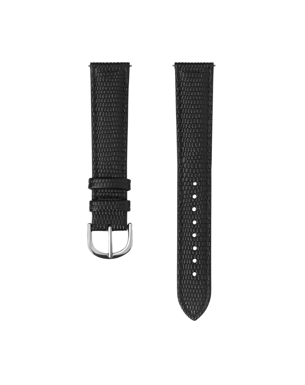 Black watch strap with silver buckle on a white background