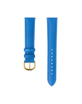Blue watch strap with gold buckle on a white background
