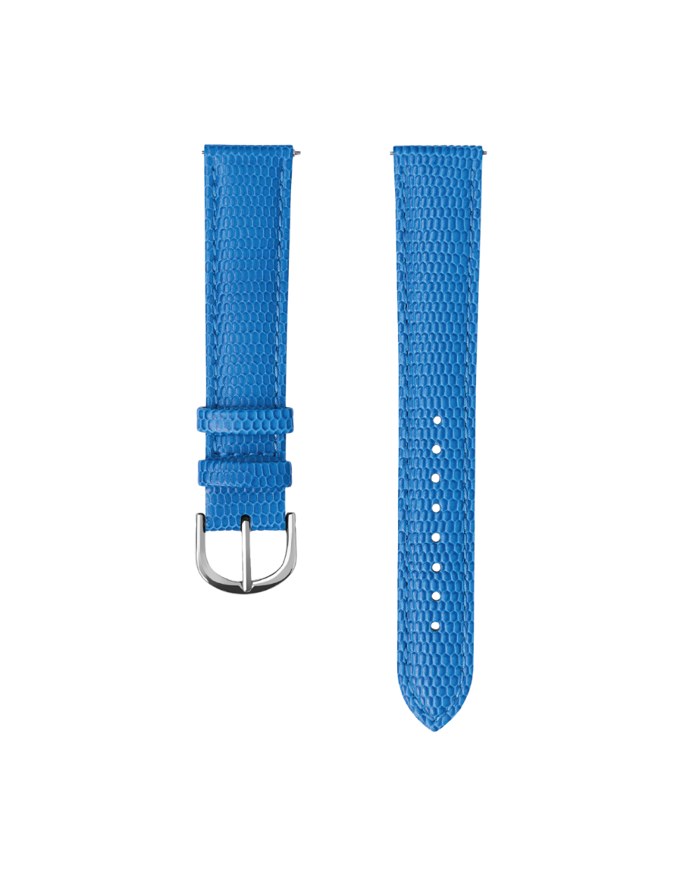 Blue watch strap with silver buckle on a white background