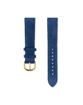 Blue suede watch strap with gold buckle on a white background