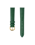Green watch strap with gold buckle on a white background