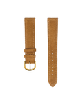 Brown suede watch strap with gold buckle on a white background