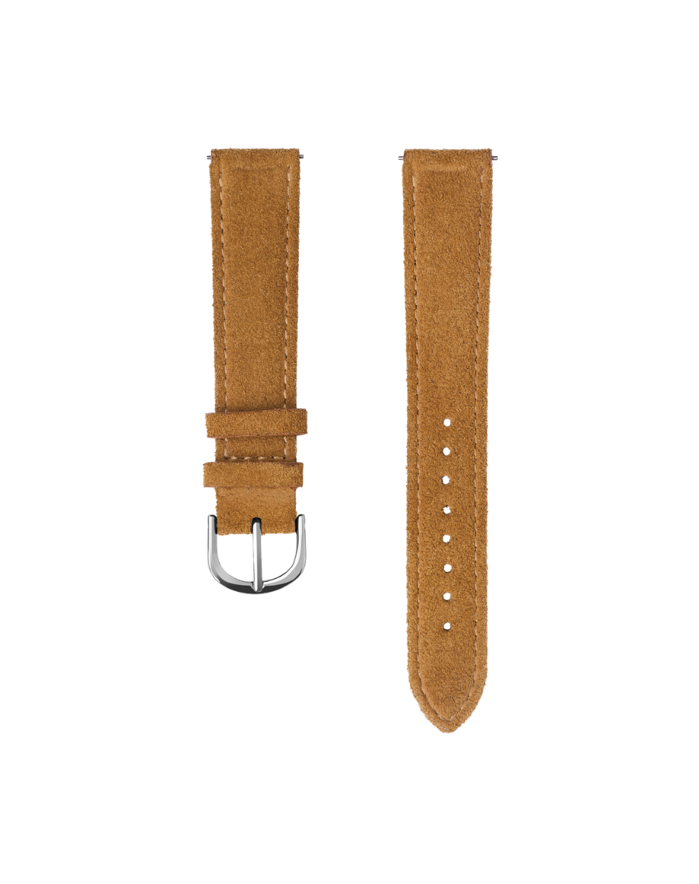 Brown suede watch strap with silver buckle on a white background